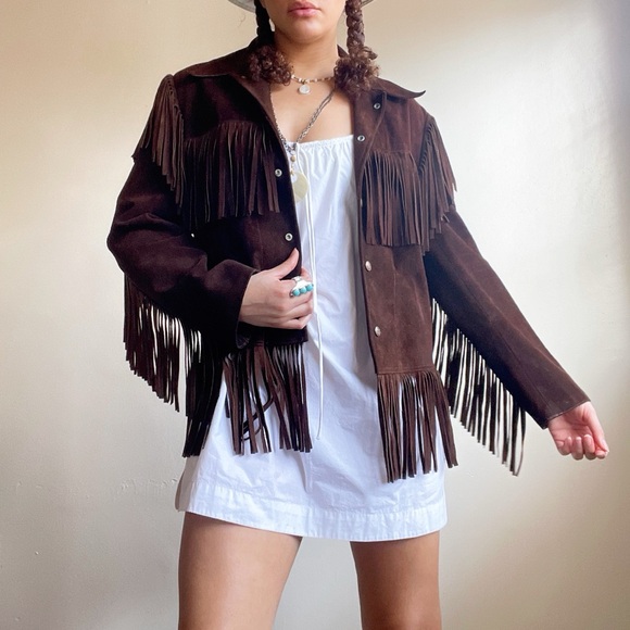 Vintage Jackets & Blazers - Womens Vintage Genuine Leather Fringe Western Brown Cowgirl Button Up Jacket
